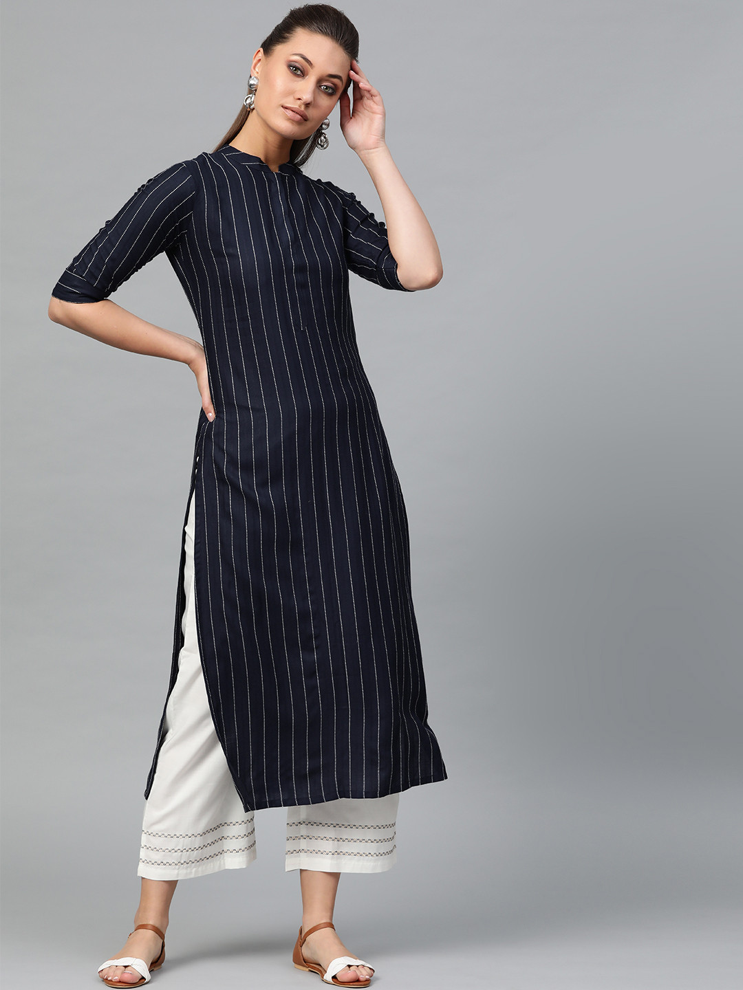 

Indo Era Women Navy Blue & White Striped Straight Kurta