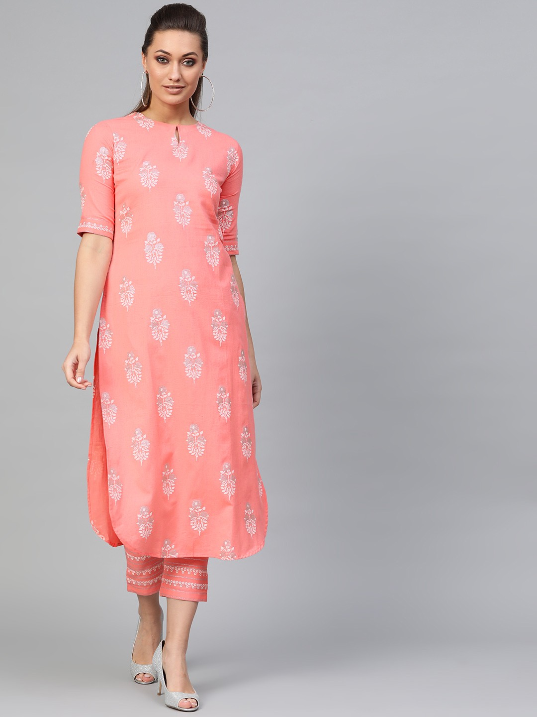 

Indo Era Women Coral Pink & White Printed Kurta with Palazzos