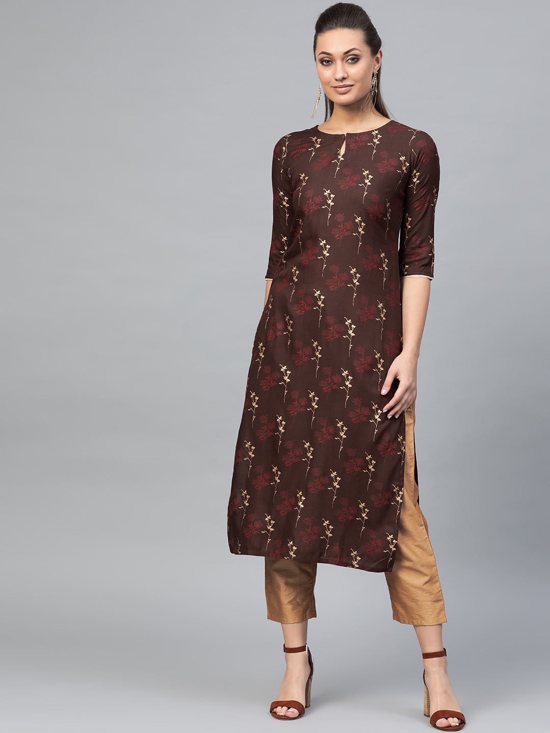 

Indo Era Women Brown & Golden Floral Foil Print Straight Kurta