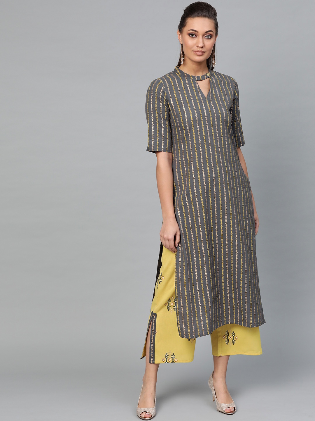 

Indo Era Women Charcoal Grey & Mustard Yellow Striped Kurta with Palazzos