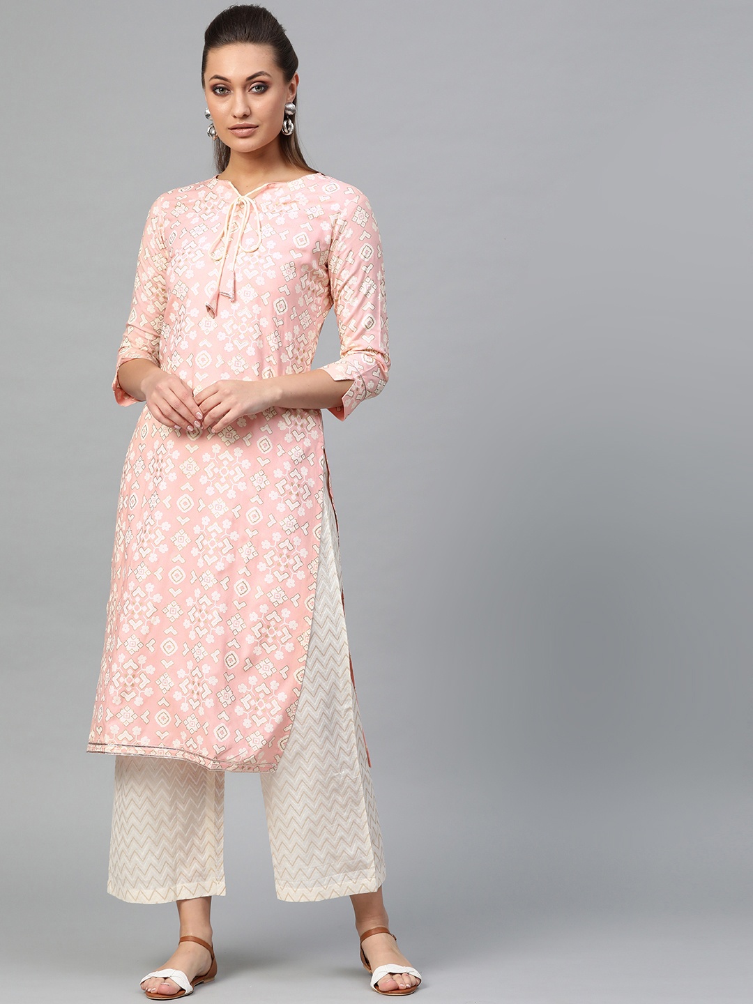 

Indo Era Women Pink & Off-White Printed Kurta with Palazzos