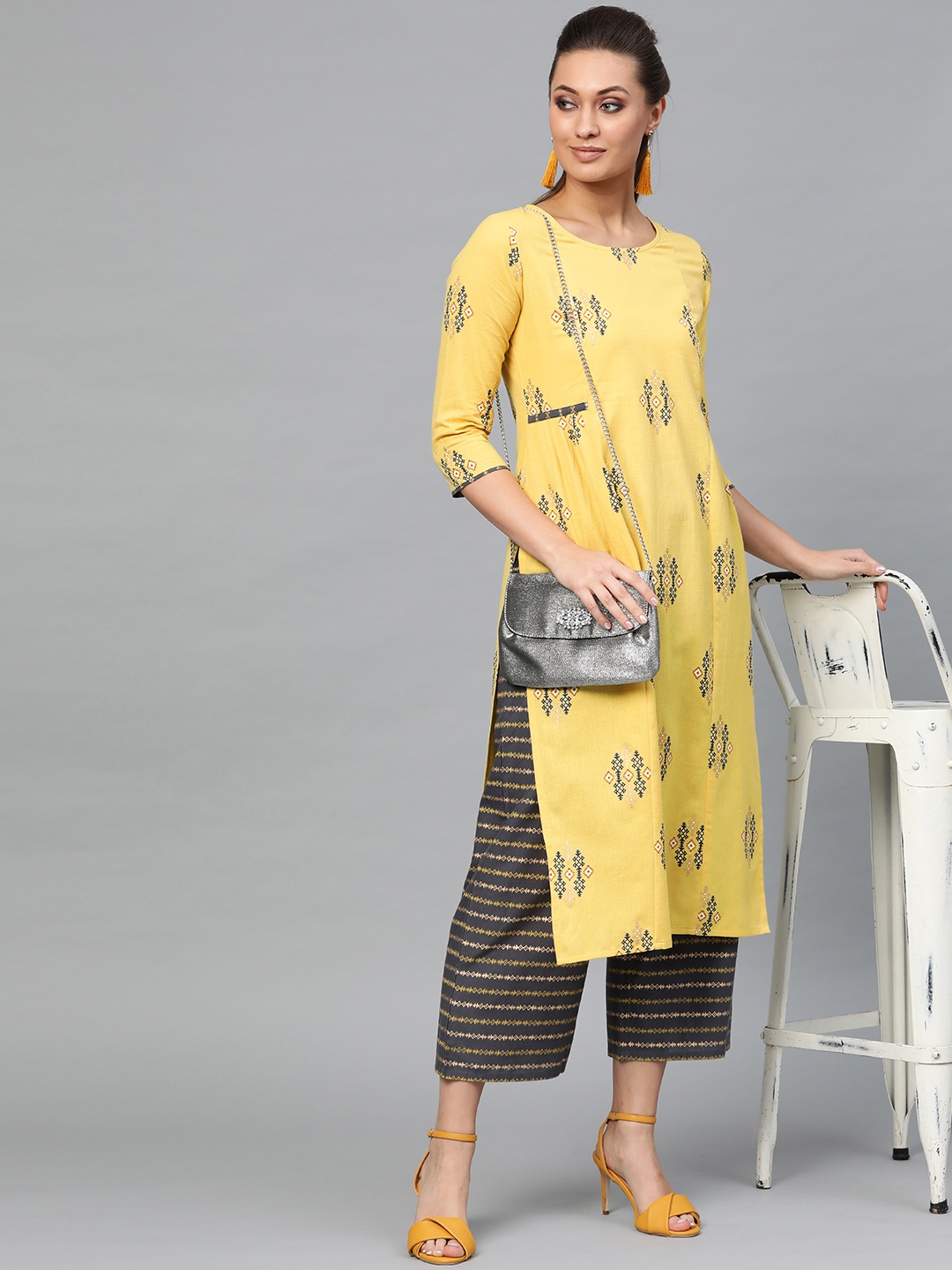 

Indo Era Women Mustard Yellow & Charcoal Grey Printed Kurta with Palazzos