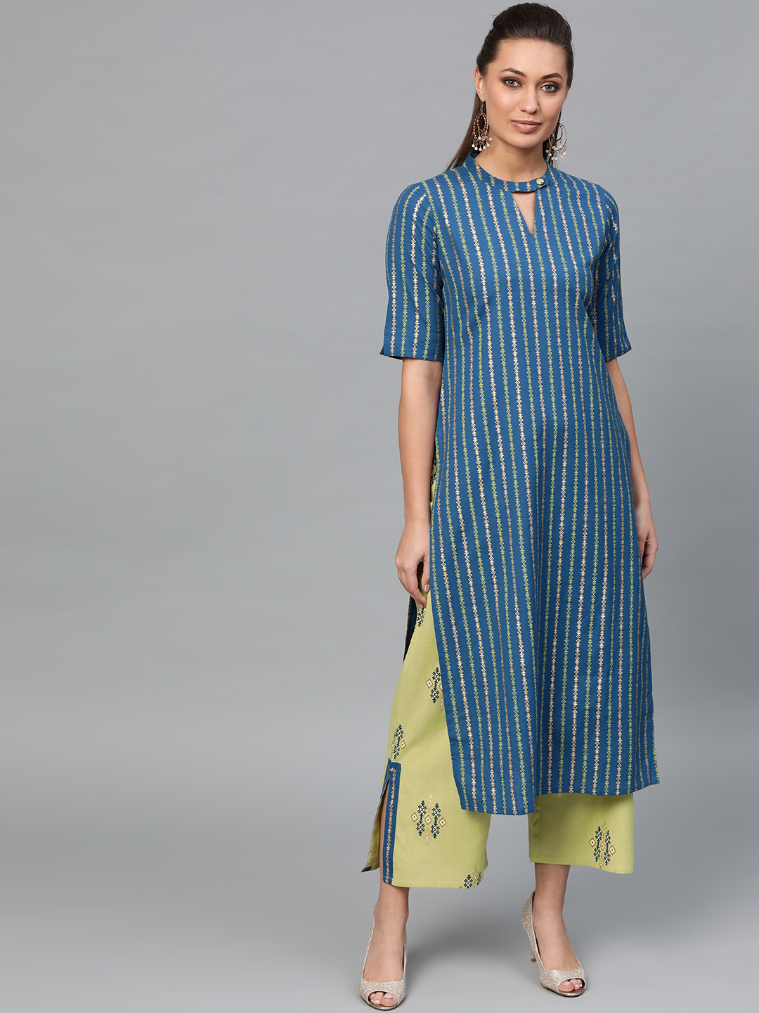 

Indo Era Women Blue & Green Striped Kurta with Palazzos