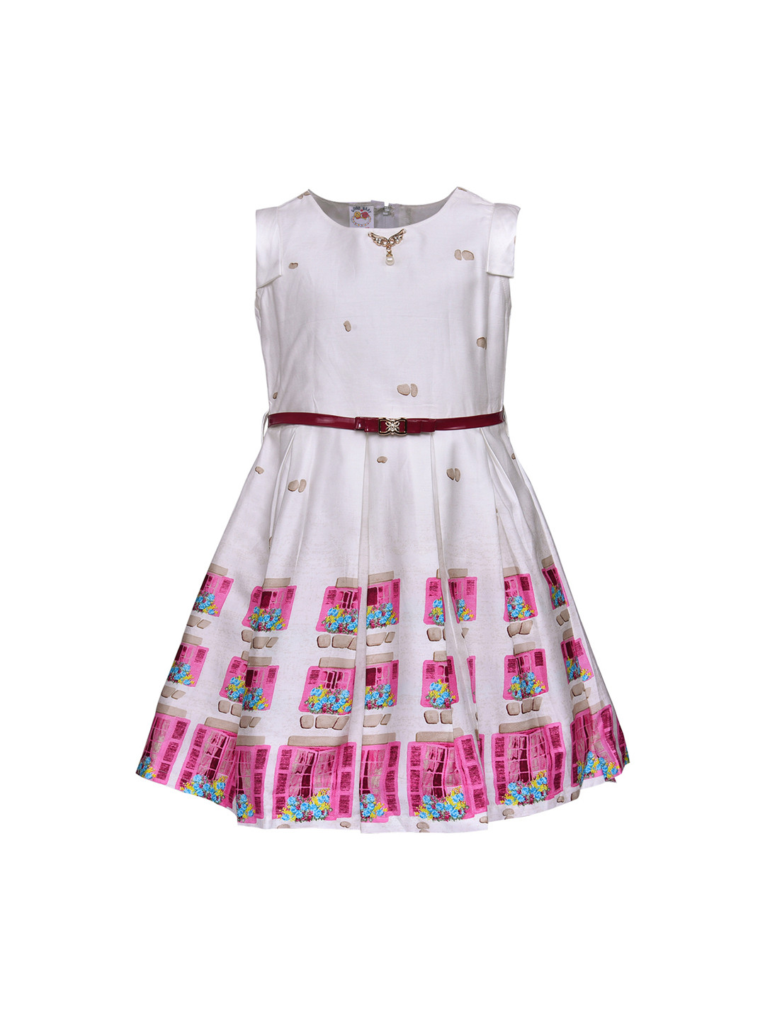 

Wish Karo Girls Pink & White Printed Embellished Fit and Flare Dress