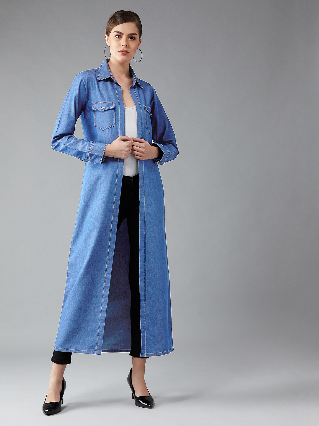 

DOLCE CRUDO Women Blue Solid Open Front Denim Shrug