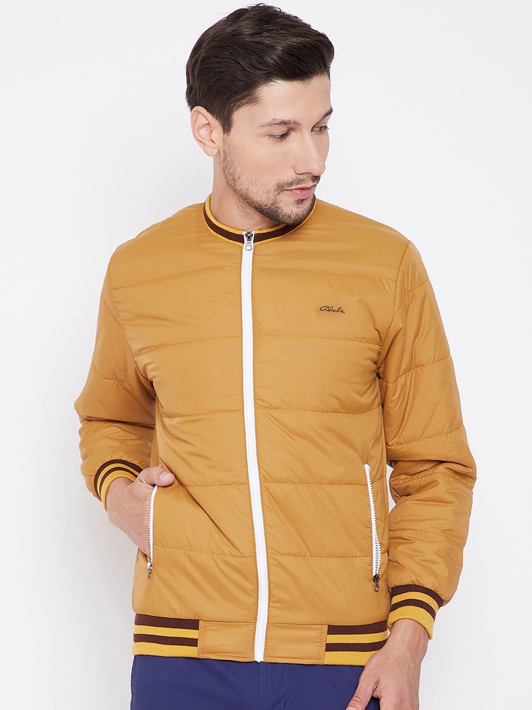 

Adobe Men Mustard Yellow Striped Windcheater Padded Jacket