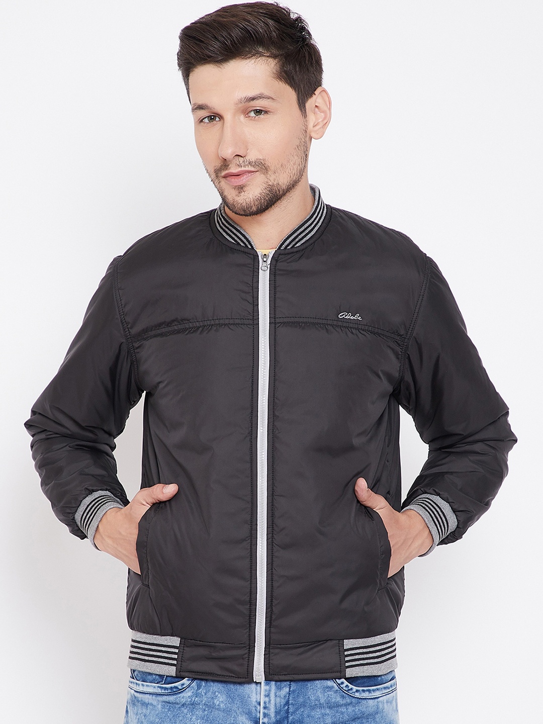 

Adobe Men Black Striped Windcheater Varsity Jacket