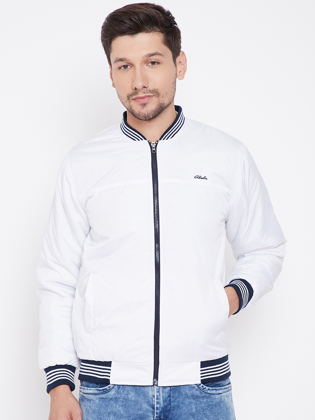 

Adobe Men White Striped Windcheater Varsity Jacket