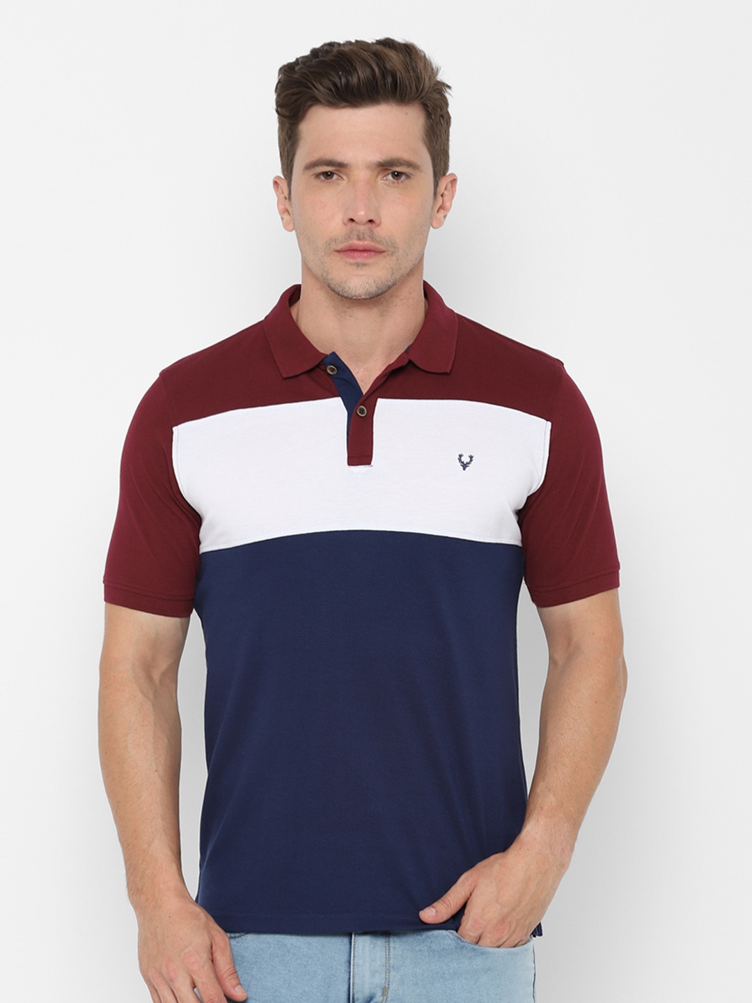 

Allen Solly Men Maroon & Navy Blue Slim Fit Colourblocked Polo Collar T-shirt