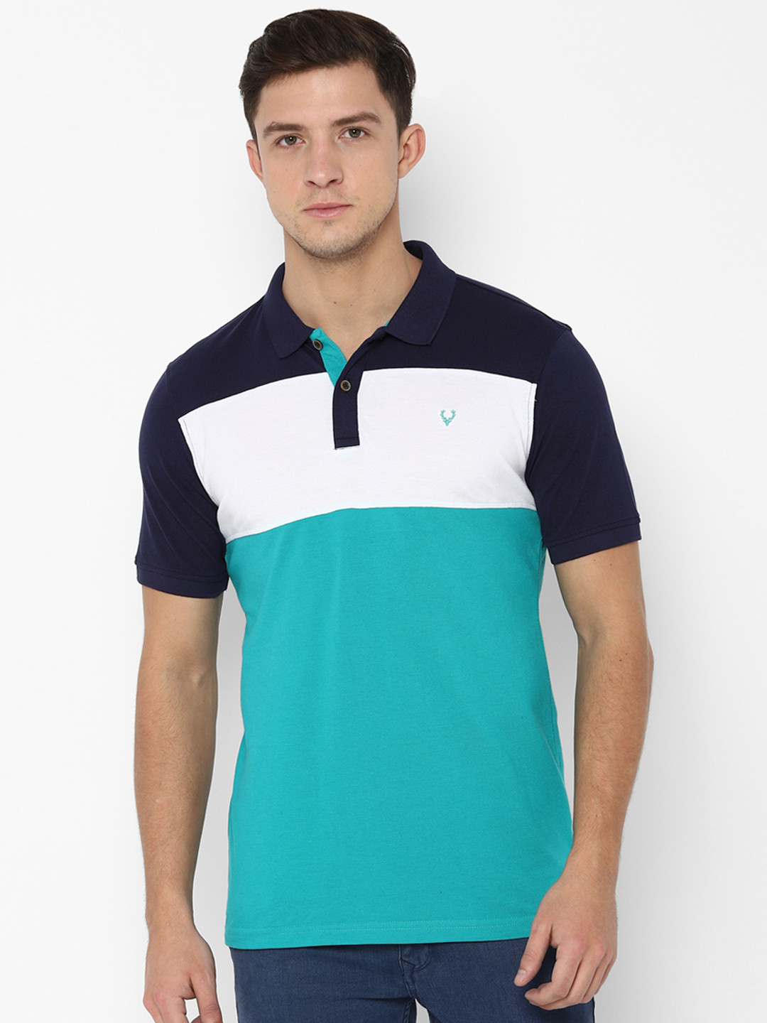 

Allen Solly Men Navy Blue White Colourblocked Polo Collar Slim Fit Pure Cotton T-shirt