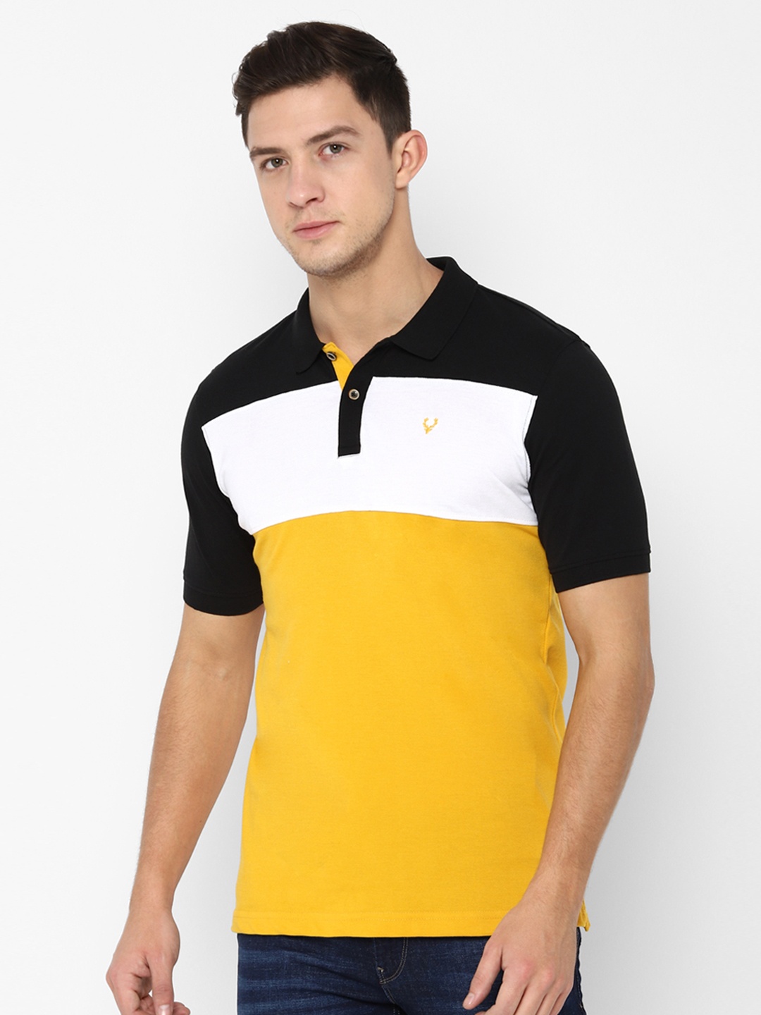 

Allen Solly Men Black Yellow Colourblocked Polo Collar Slim Fit Pure Cotton T-shirt