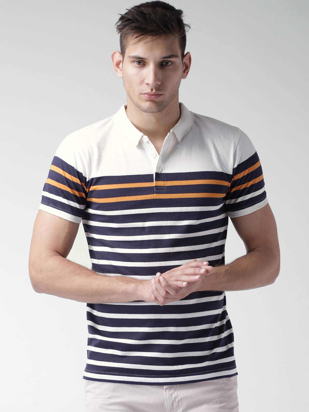 

Mast Harbour White Navy Striped Polo Pure Cotton T-shirt