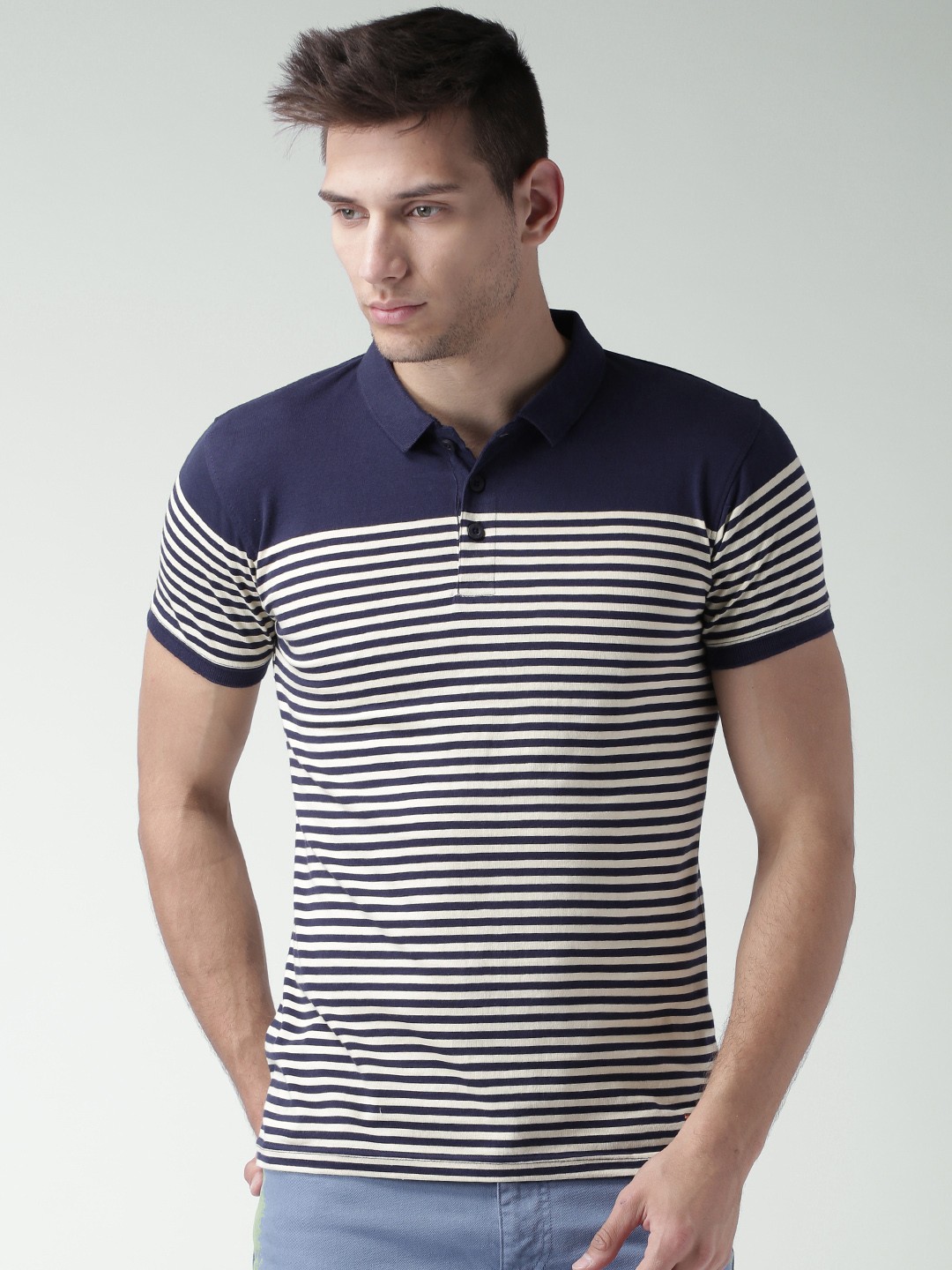 

Mast Harbour Navy Beige Striped Polo Pure Cotton T-shirt, Navy blue
