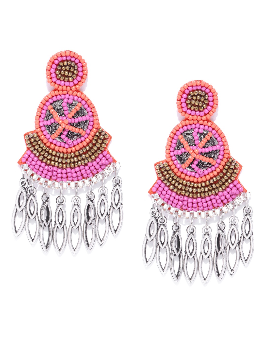 

Infuzze Pink & Oxidised Silver-Toned Beaded Handcrafted Classic Drop Earrings