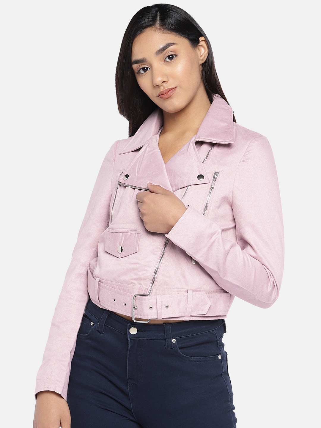 

MERLOT Women Pink Solid Water Resistant Crop Biker Jacket