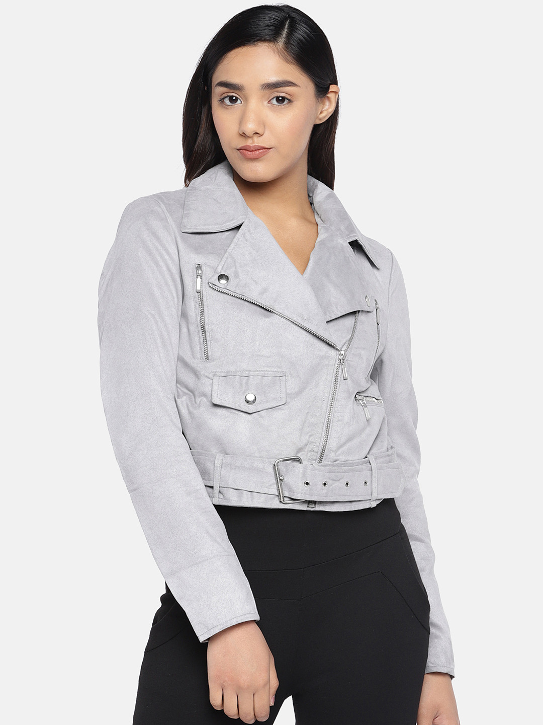 

MERLOT Women Silver-Coloured Solid Water Resistant Crop Biker Jacket