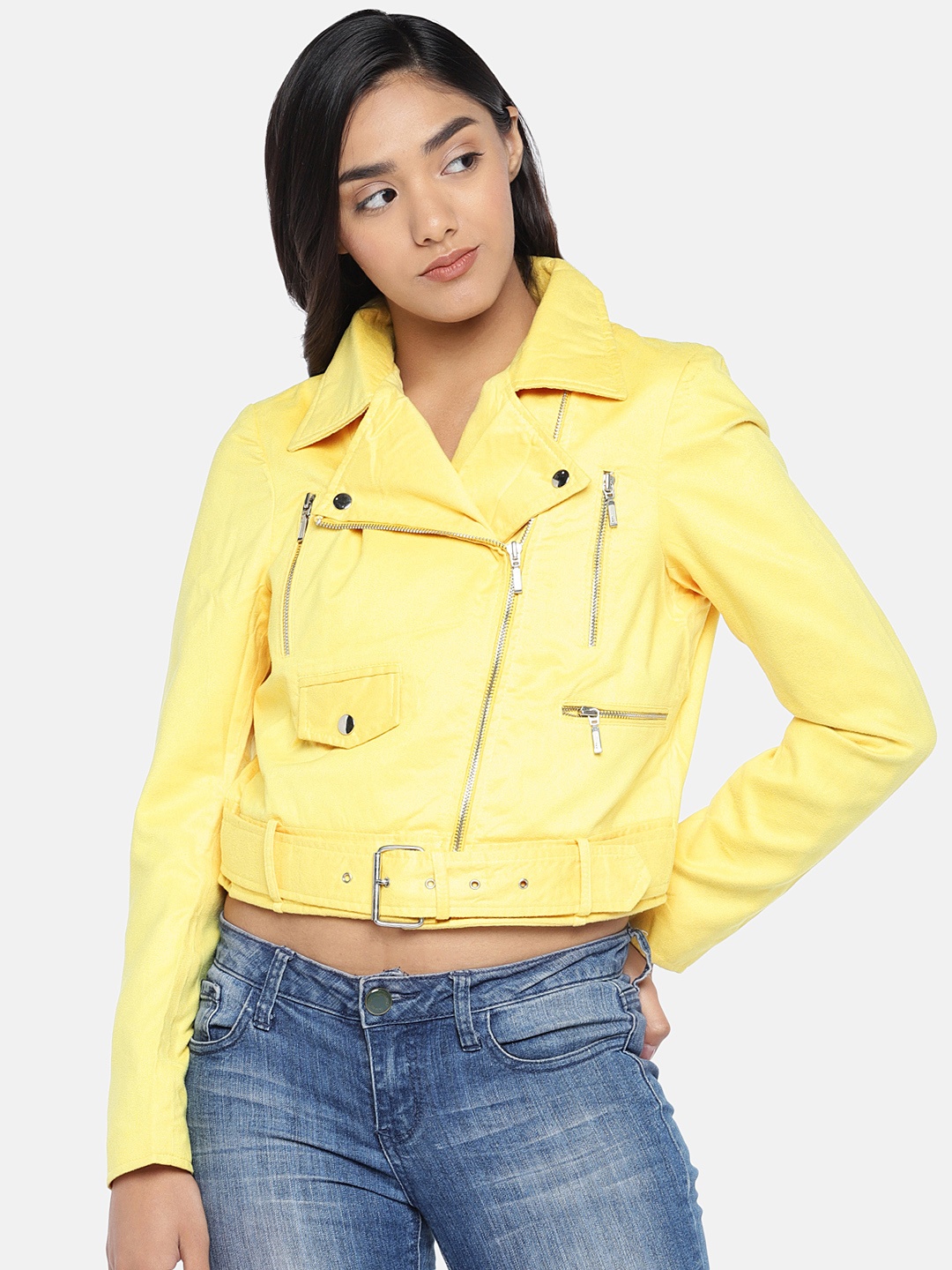 

MERLOT Women Yellow Solid Water Resistant Crop Biker Jacket