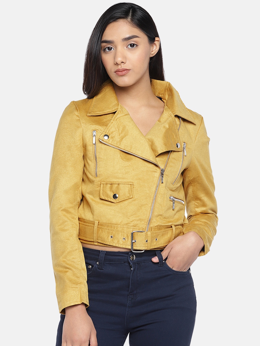 

MERLOT Women Mustard Yellow Solid Water Resistant Crop Biker Jacket