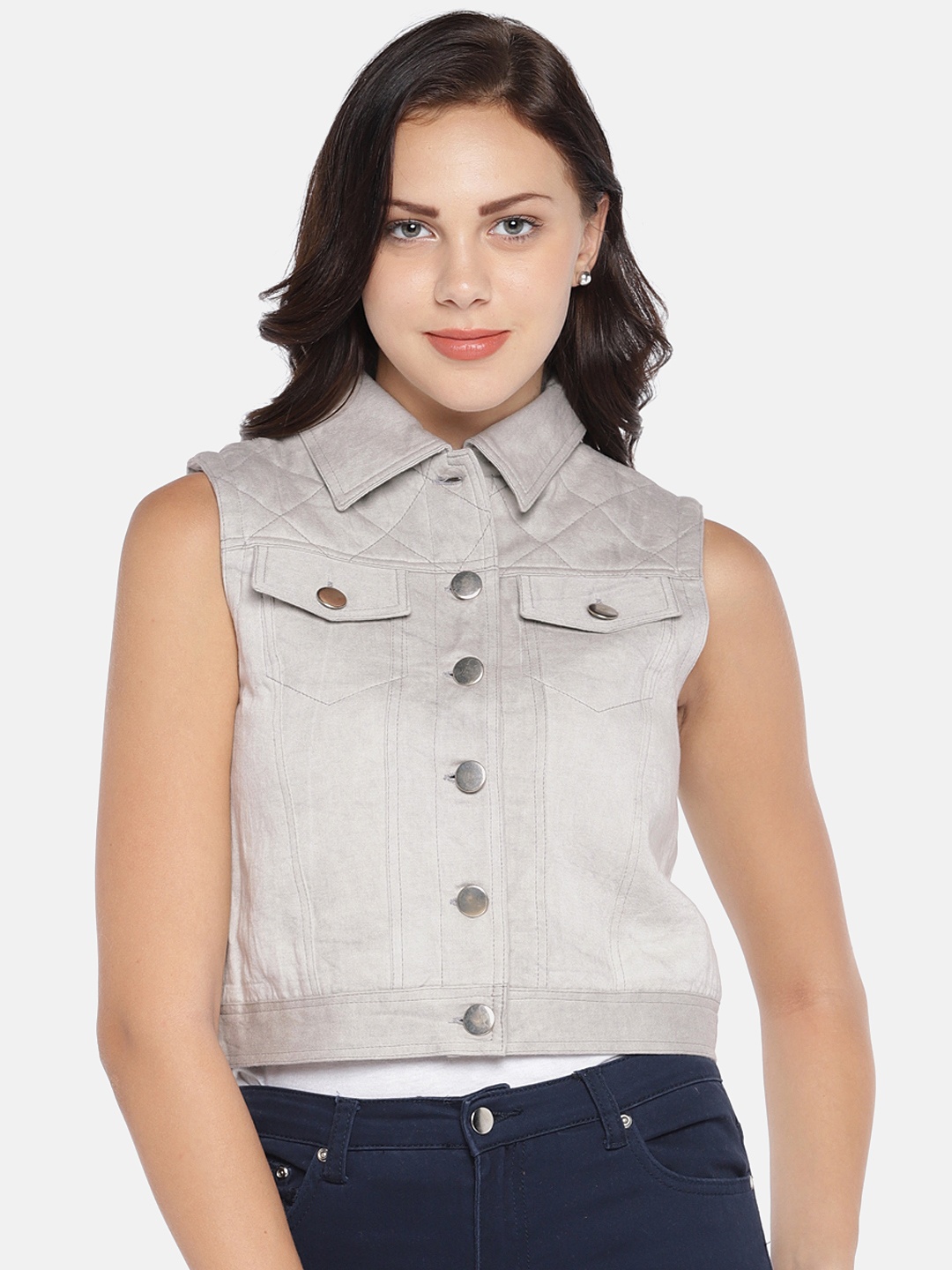 

MERLOT Women Grey Solid Water Resistant Crop Denim Jacket