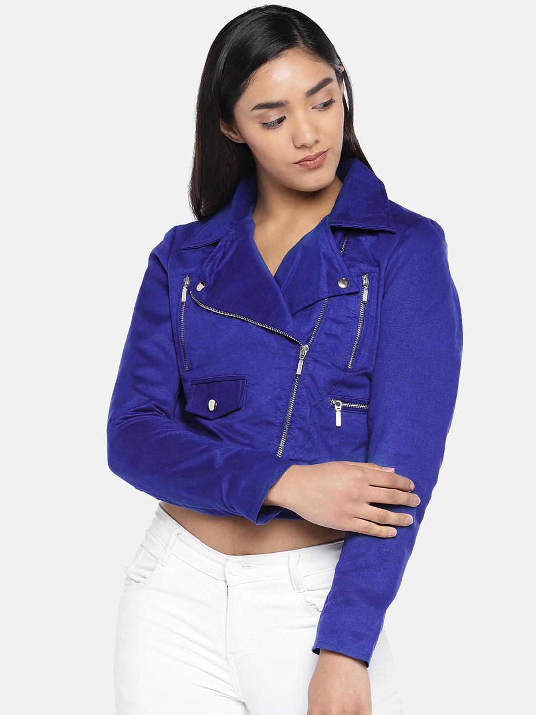 

MERLOT Women Blue Solid Water Resistant Crop Biker Jacket