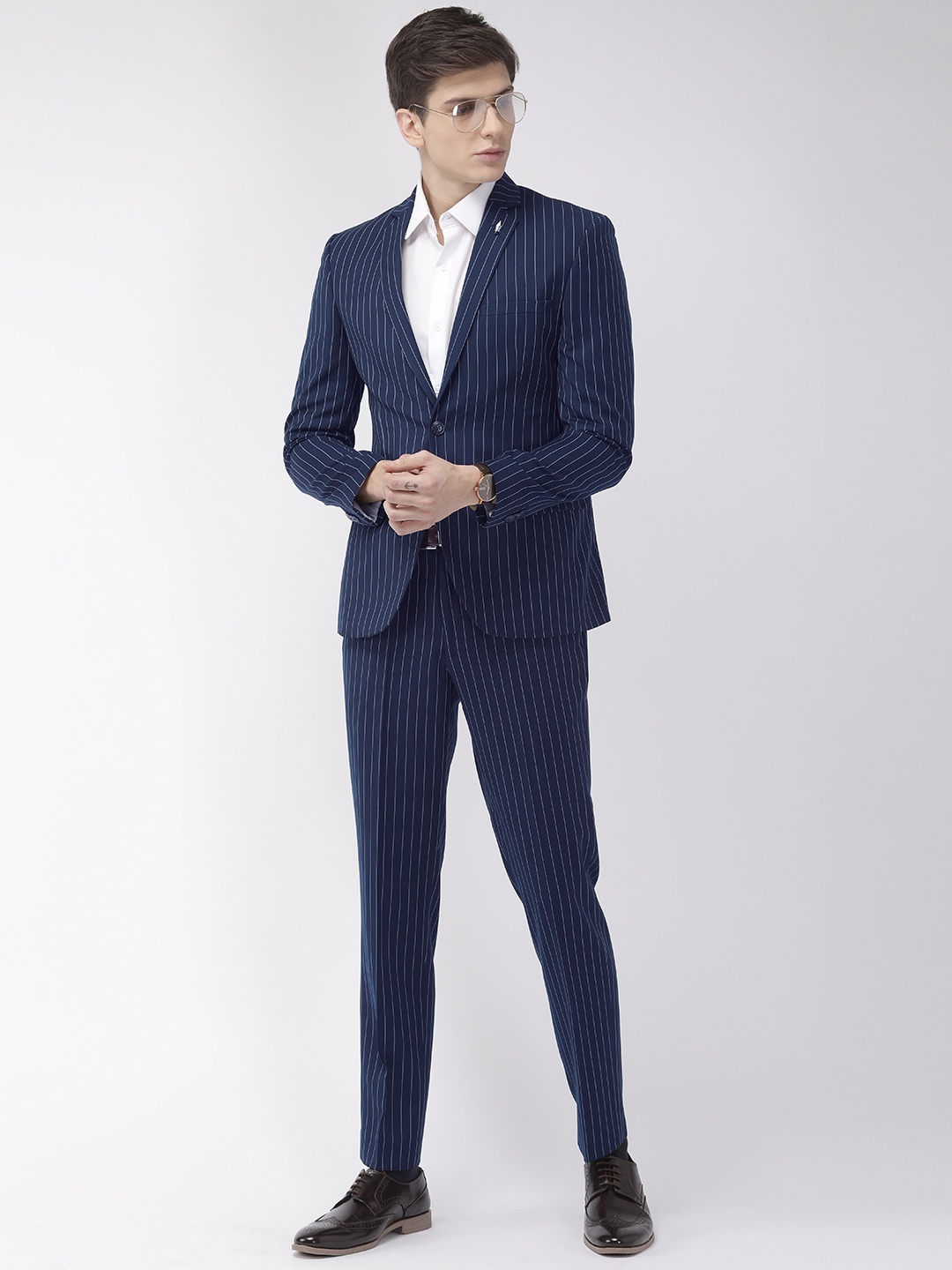 

Park Avenue Navy Blue & White Neo Fit Striped Single-Breasted Suit