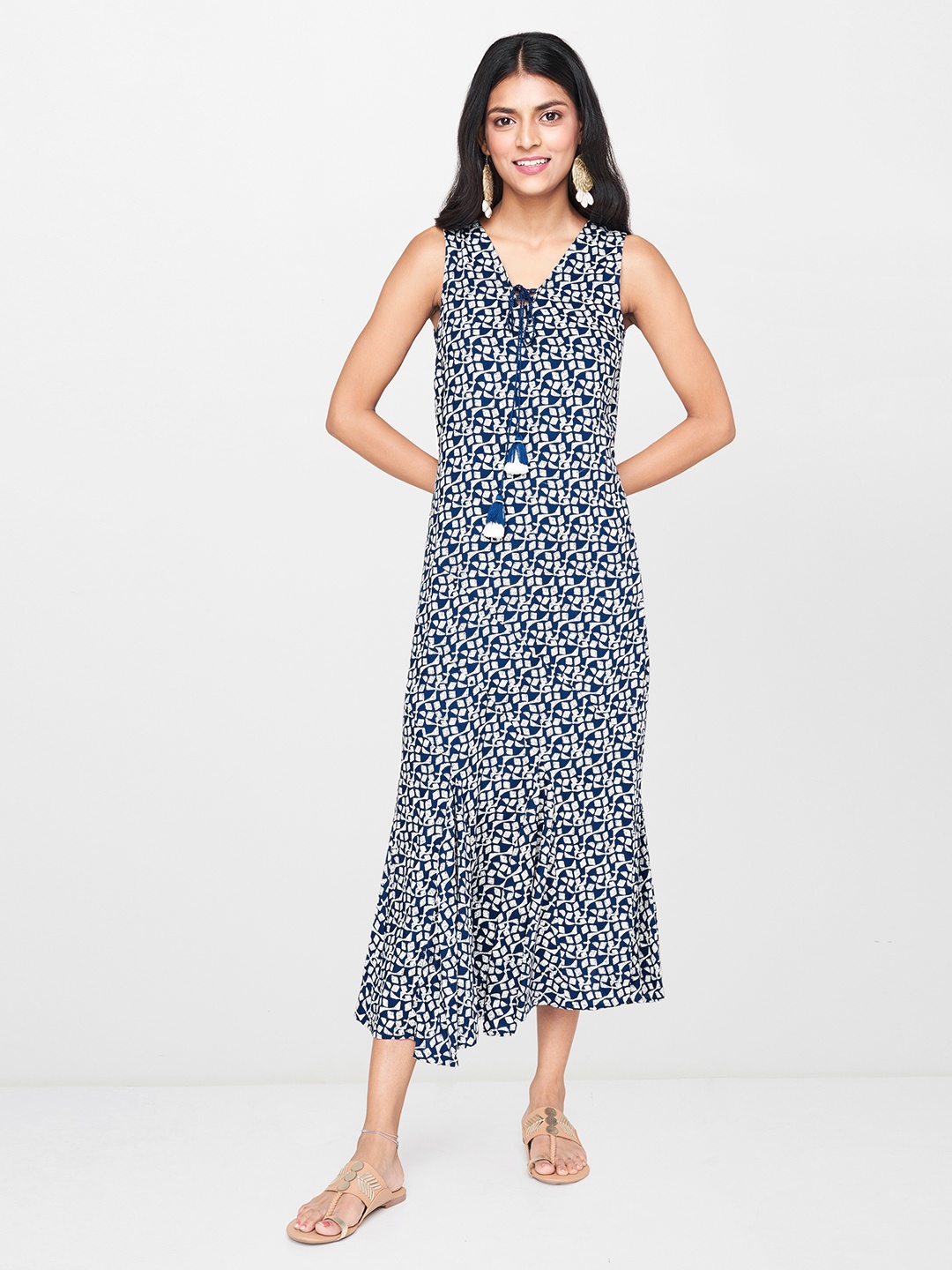 

Global Desi Women Blue & Off-White Printed Drop-Waist Dress