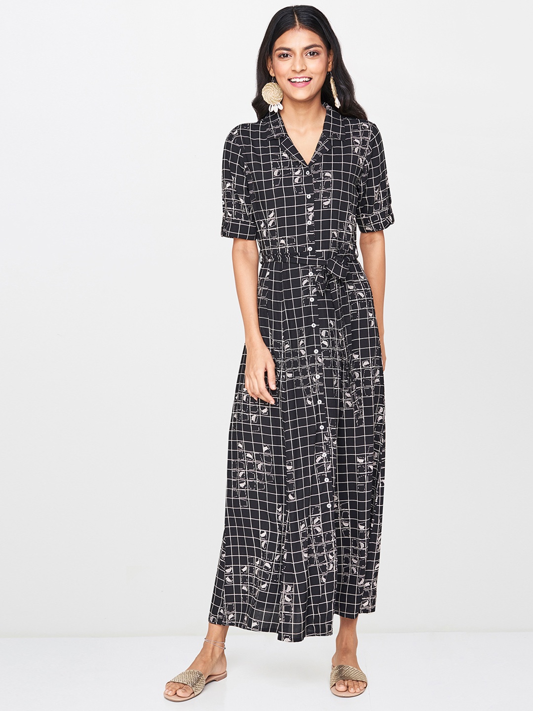 

Global Desi Women Black & Off-White Checked A-Line Kurta