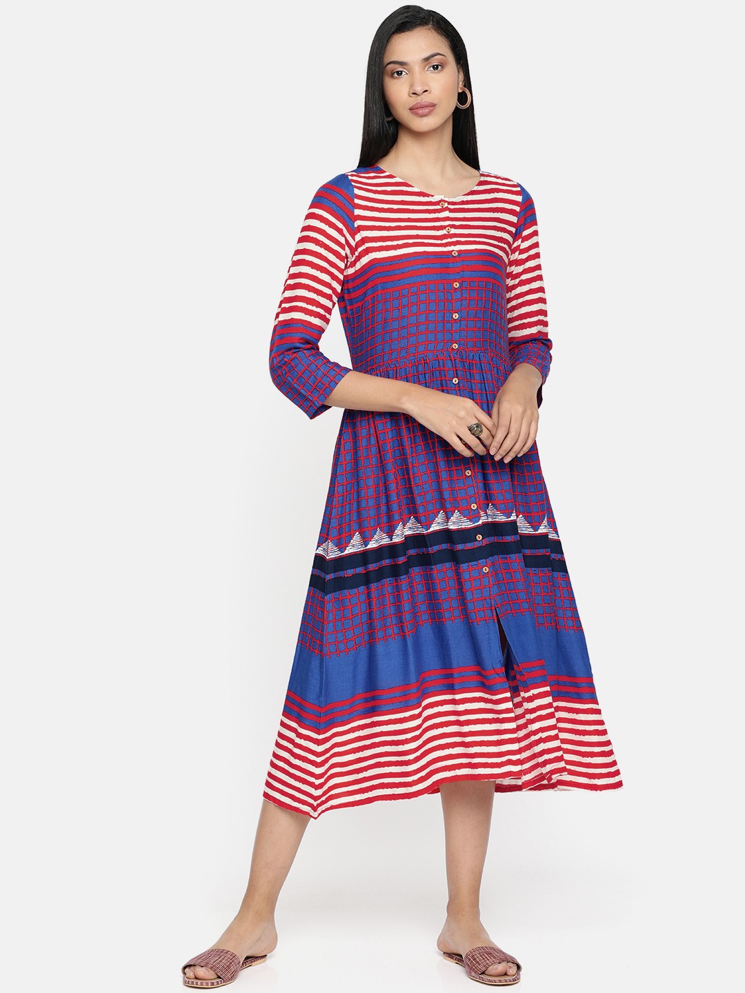 

Global Desi Women Blue & Red Printed A-Line Midi Dress