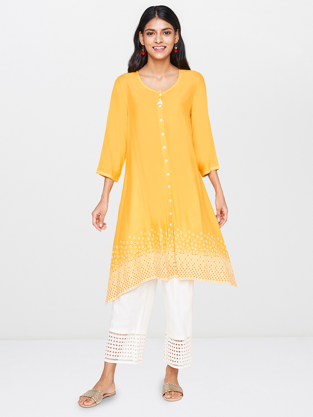 

Global Desi Women Mustard & White Printed A-Line Kurta