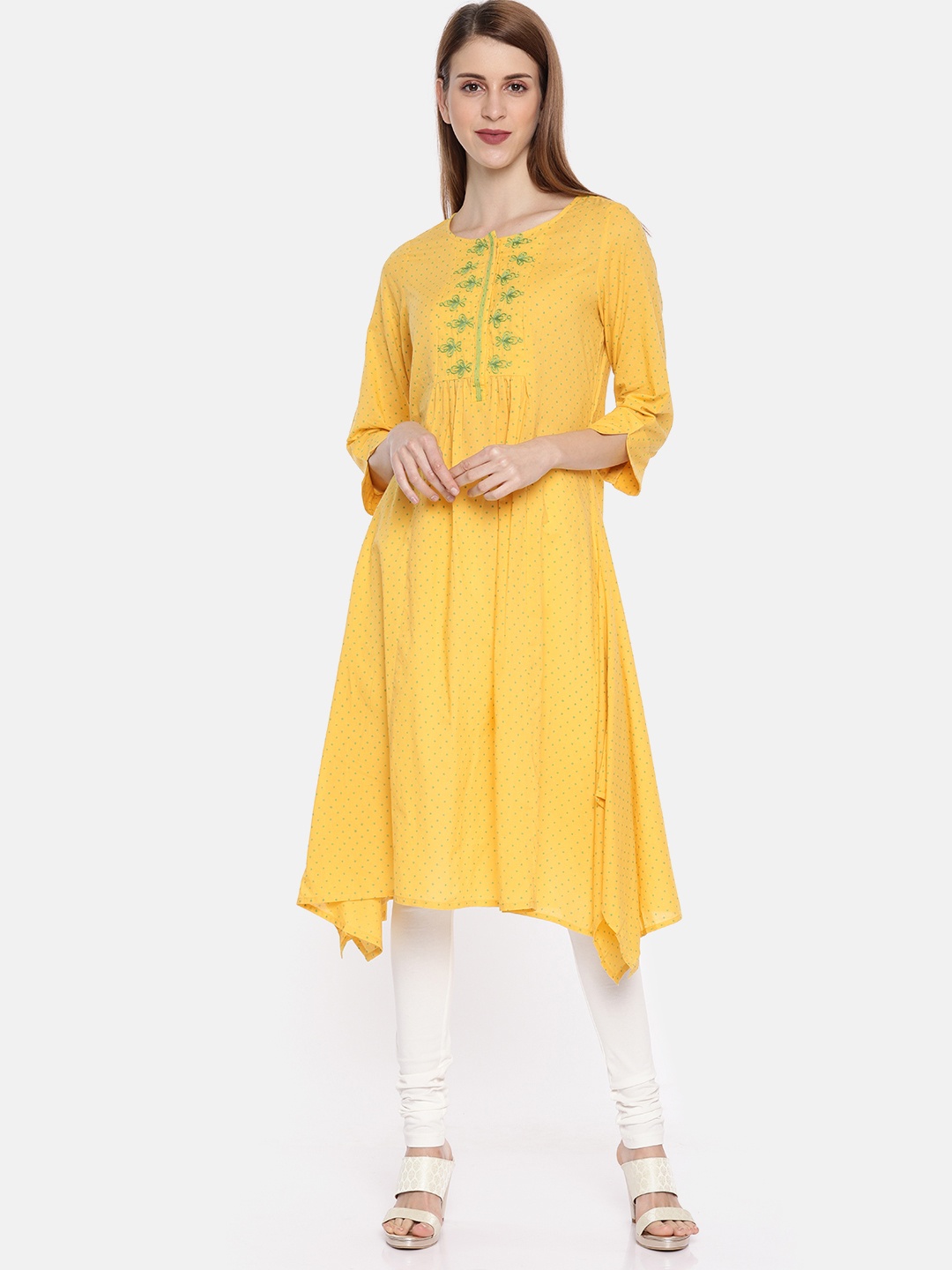 

Global Desi Women Yellow & Green Printed Asymmetric A-Line Kurta