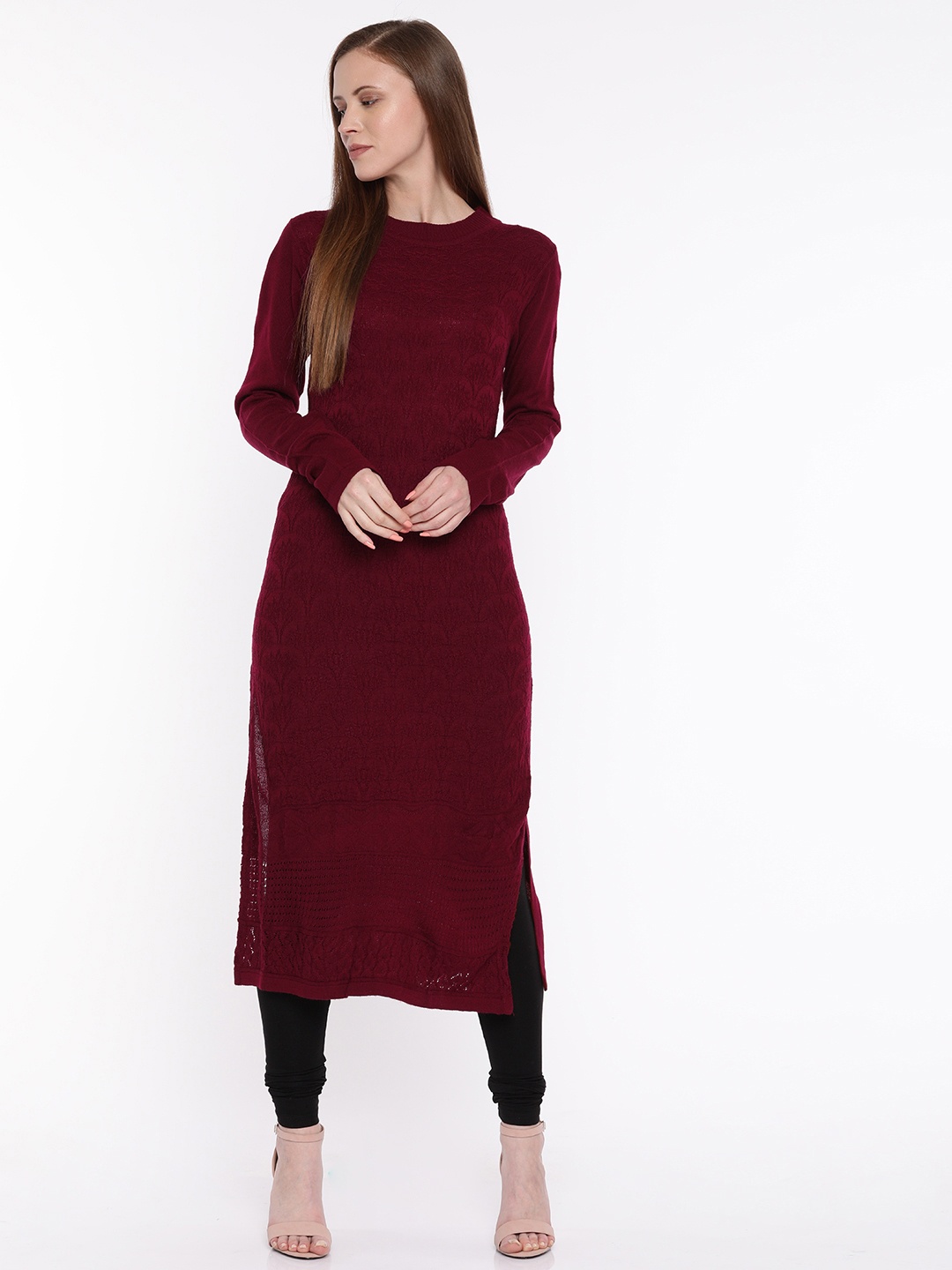 

Global Desi Women Maroon Woven Design Straight Sweater Kurta