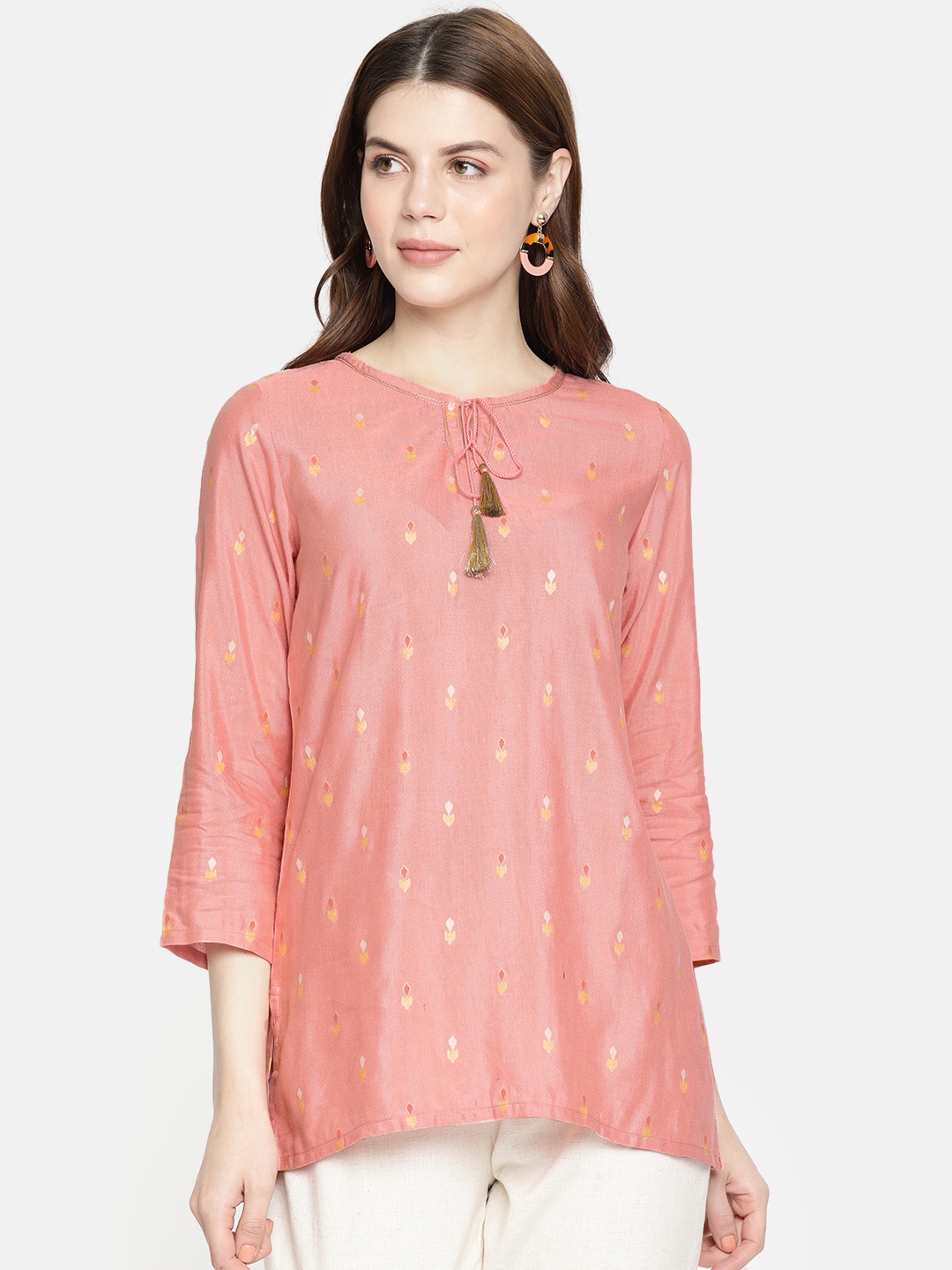 

Global Desi Women Pink Printed Tie-Up Neck Top