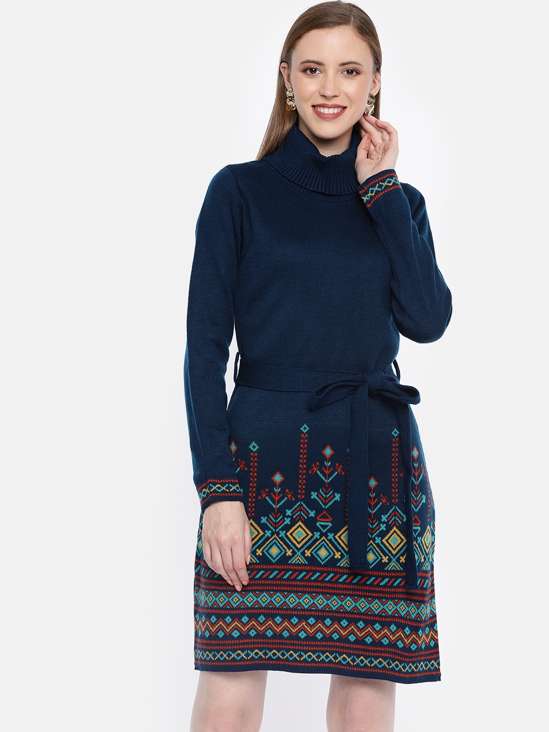 

Global Desi Women Teal Blue Self Design Sweater Dress