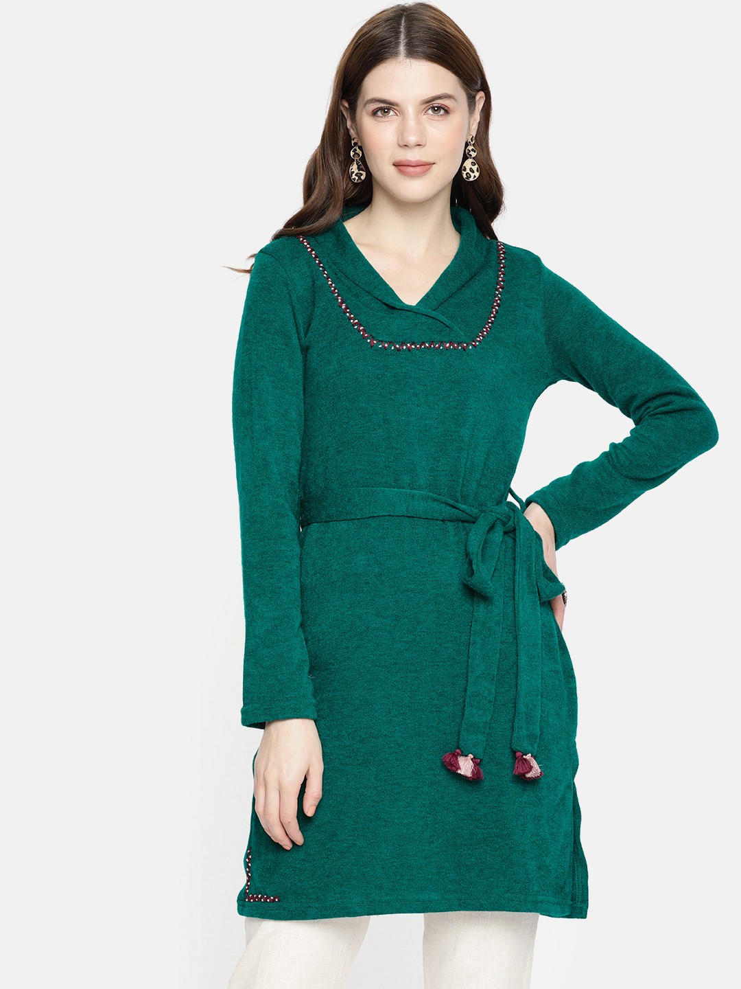 

Global Desi Women Green Solid Sweater Tunic