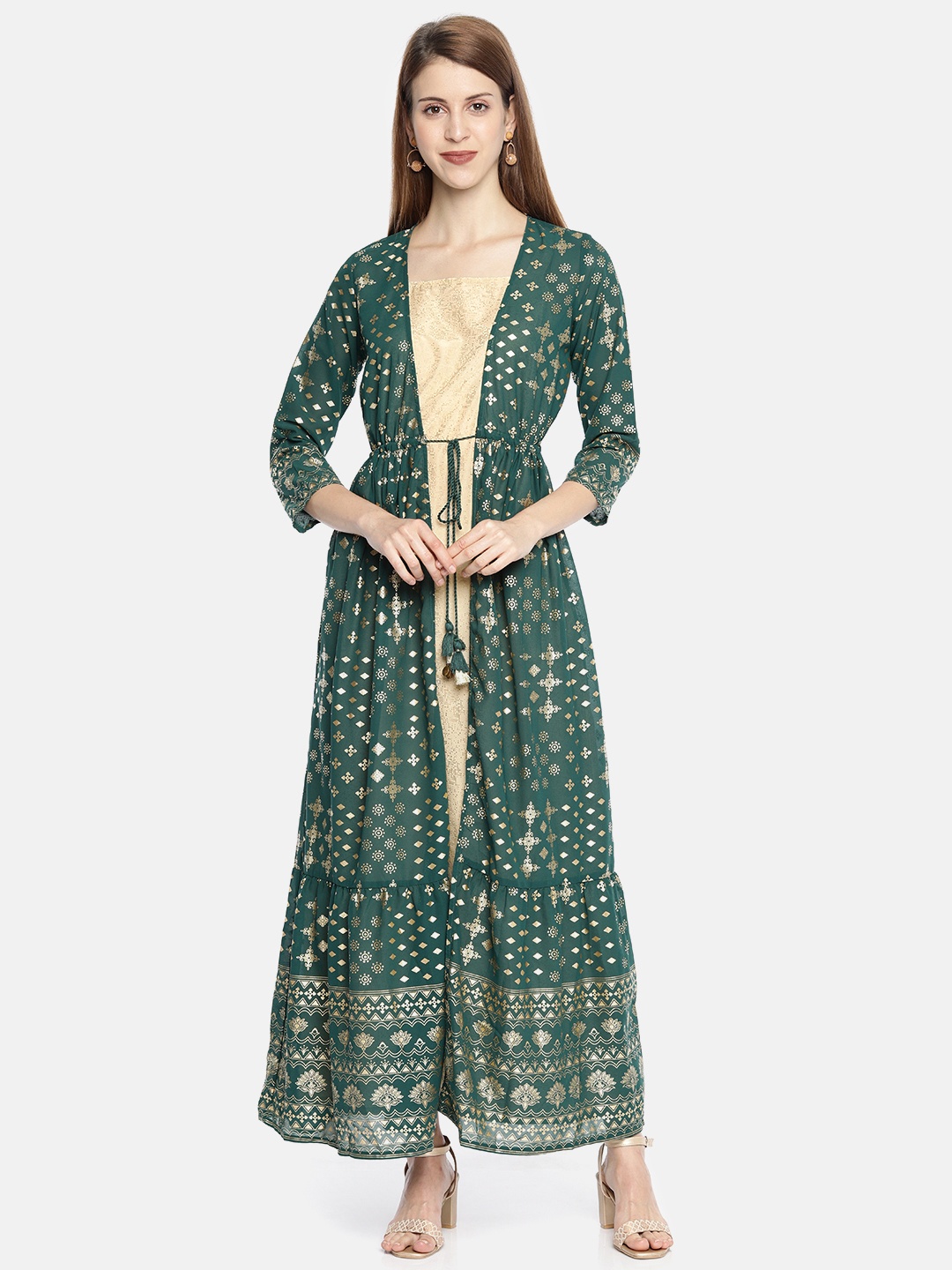 

Global Desi Women Green & Beige Foil Printed A-Line Kurta