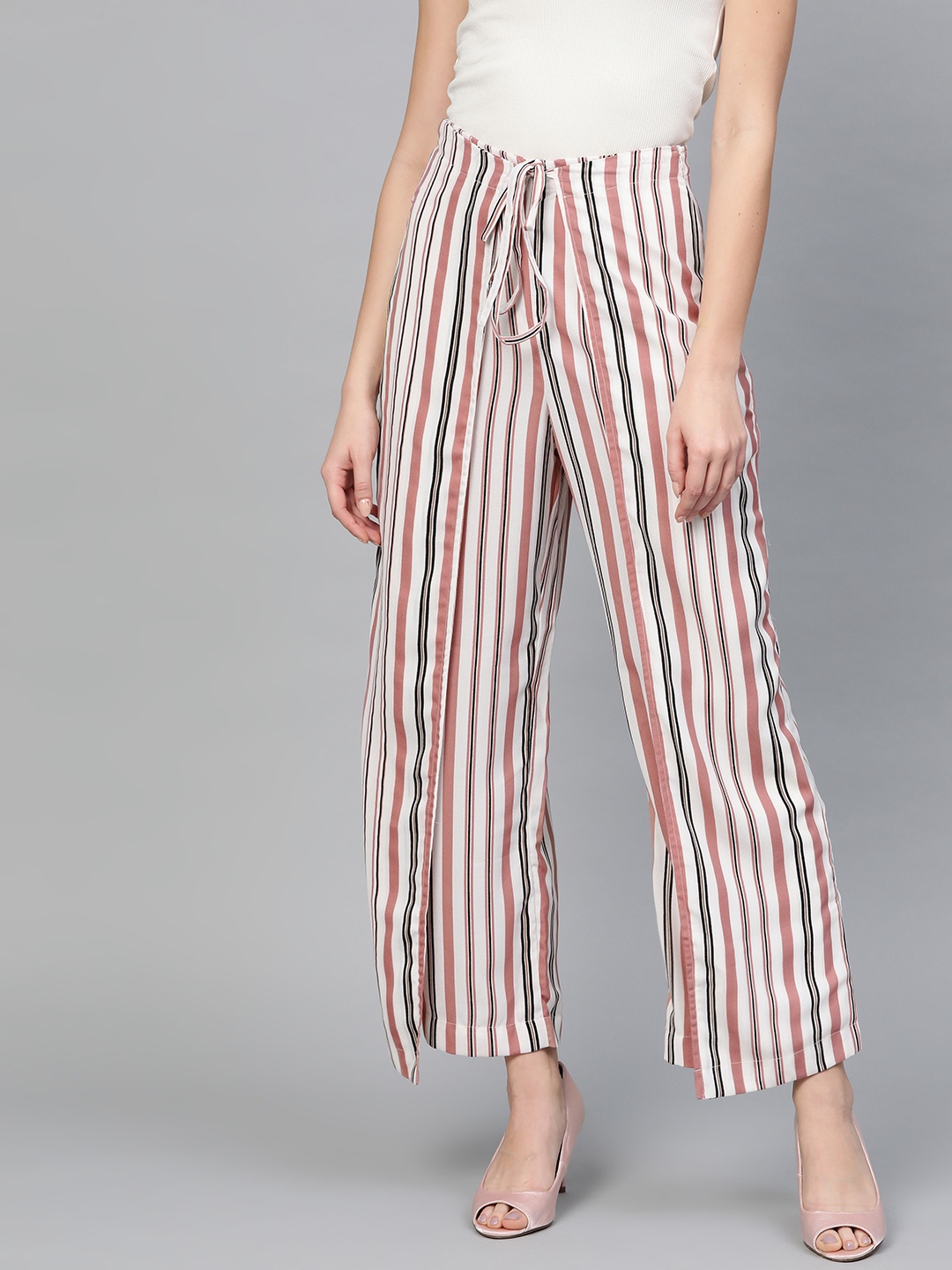 

Popnetic Women White & Pink Loose Fit Striped Layered Parallel Trousers