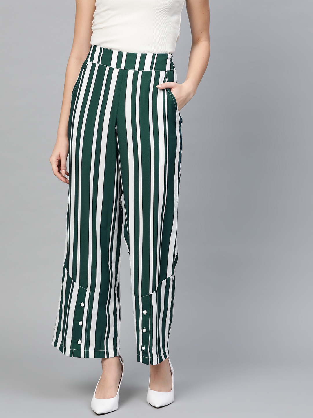 

Popnetic Women Green & White Loose Fit Striped Parallel Trousers