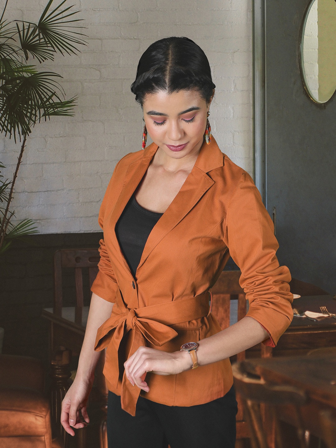 

Popnetic Women Rust Orange Solid Casual Pure Cotton Blazer