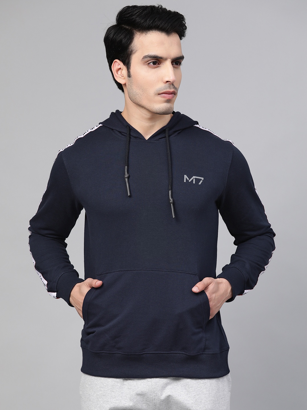 

Metronaut Men Navy Blue Solid Hooded Sweatshirt with Side Taping