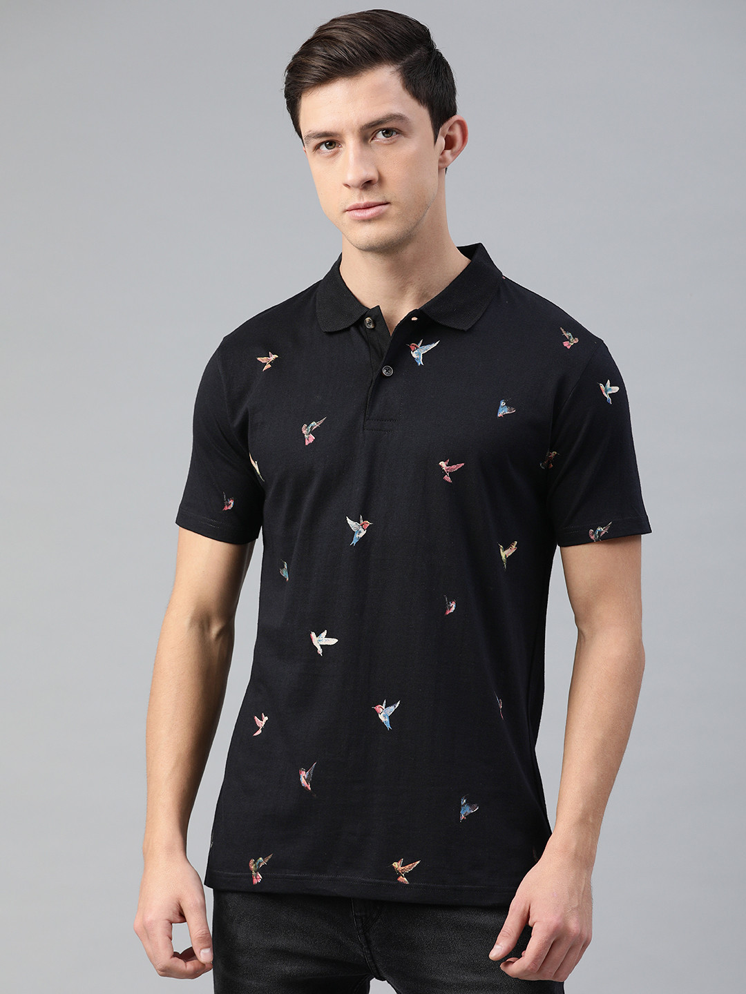 

Kryptic Men Black Printed Polo Collar T-shirt