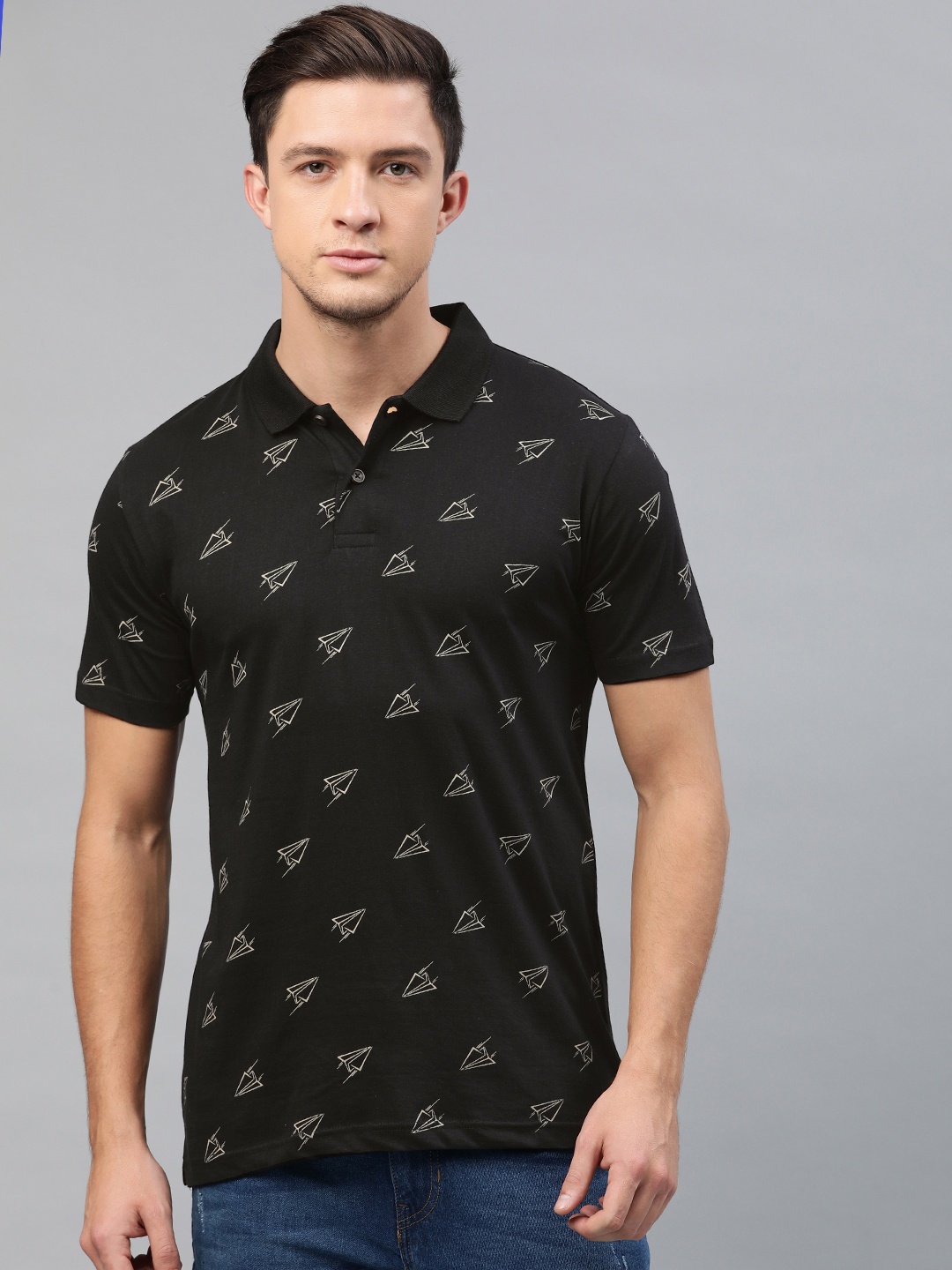 

Kryptic Men Black Printed Polo Collar Pure Cotton T-shirt