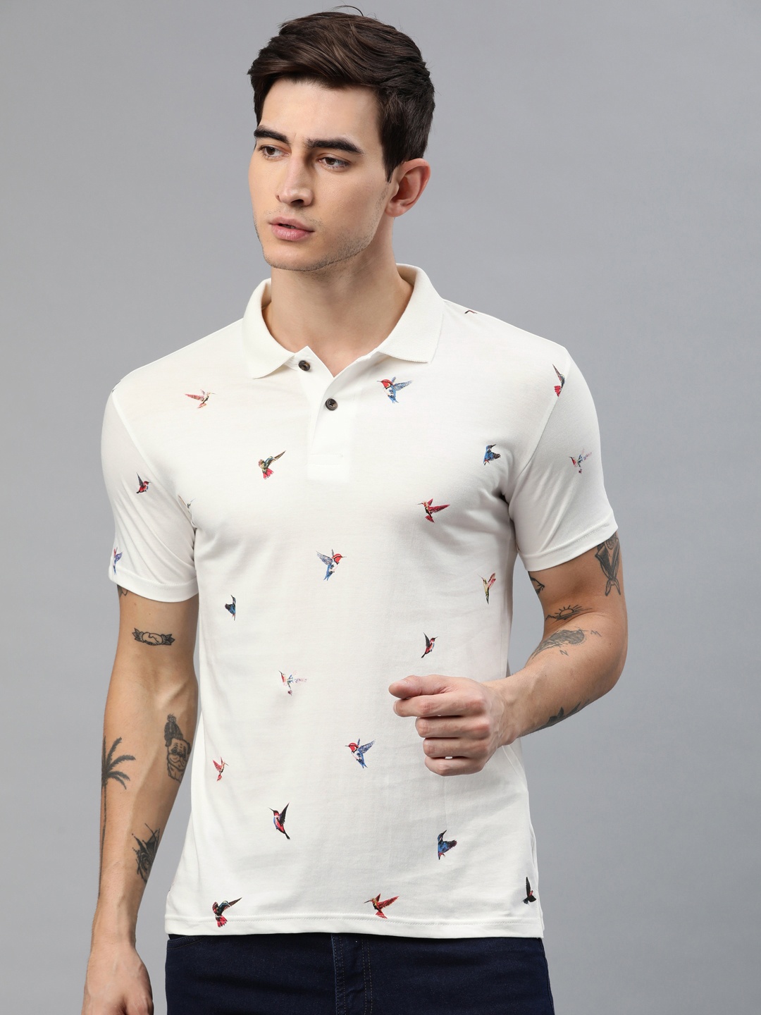 

Kryptic Men Off-White Printed Polo Collar Pure Cotton T-shirt