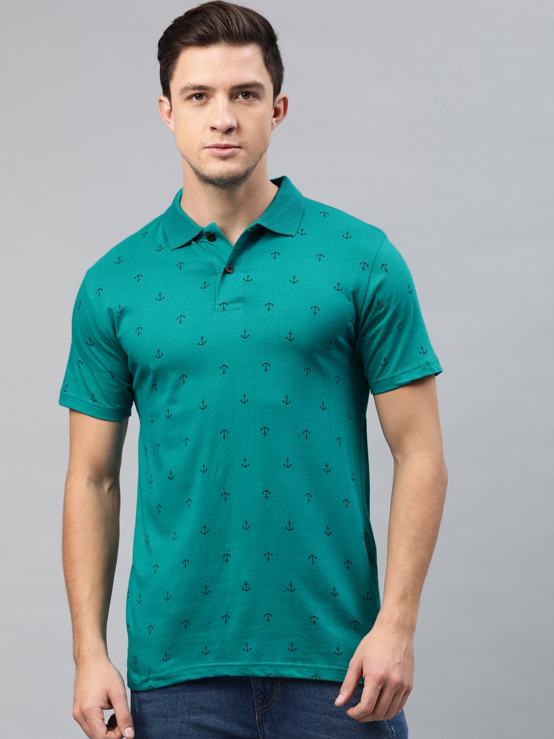 

Kryptic Men Teal Green Printed Polo Collar Pure Cotton T-shirt