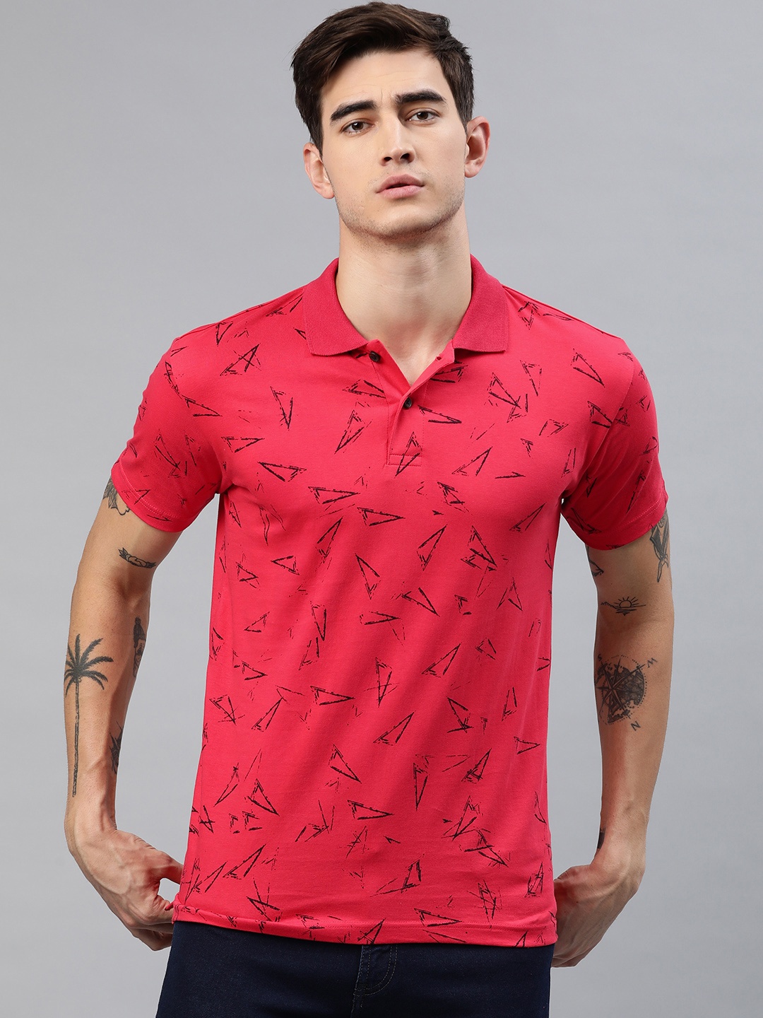 

Kryptic Men Fuchsia Pink Printed Polo Collar Pure Cotton T-shirt