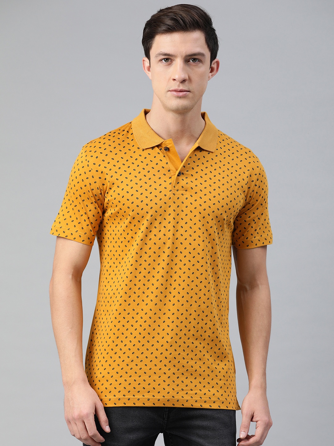 

Kryptic Men Mustard Yellow Printed Polo Collar T-shirt