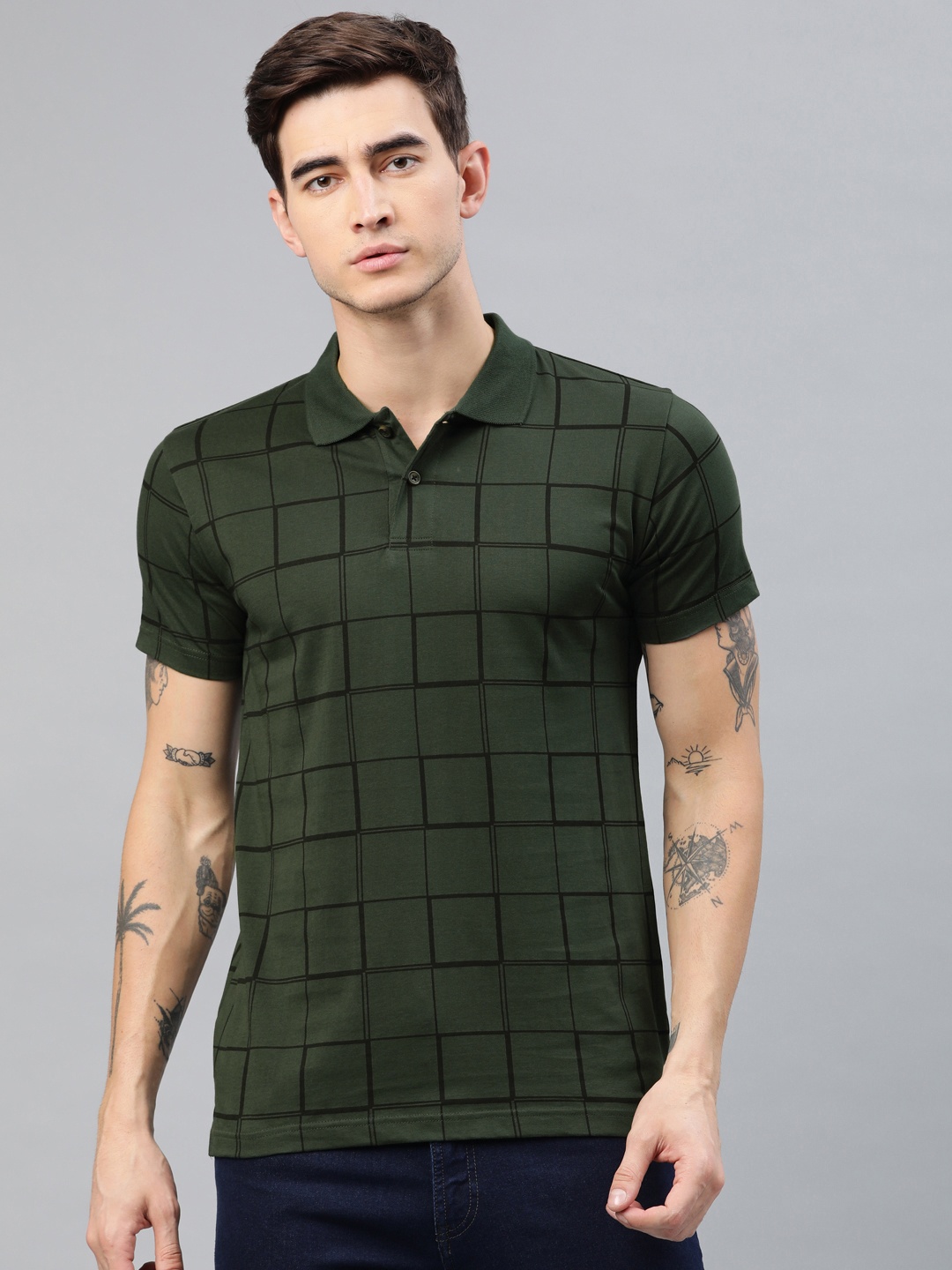 

Kryptic Men Checked Polo Collar Pure Cotton T-shirt, Olive