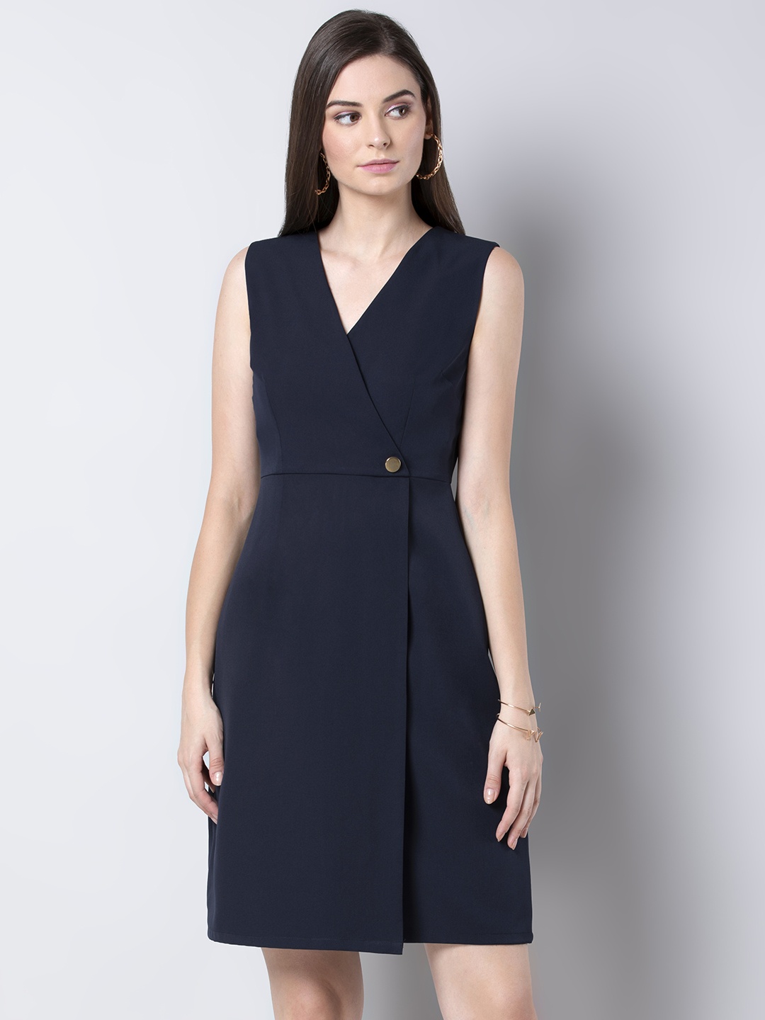 

FabAlley Women Solid Navy Blue Wrap Dress