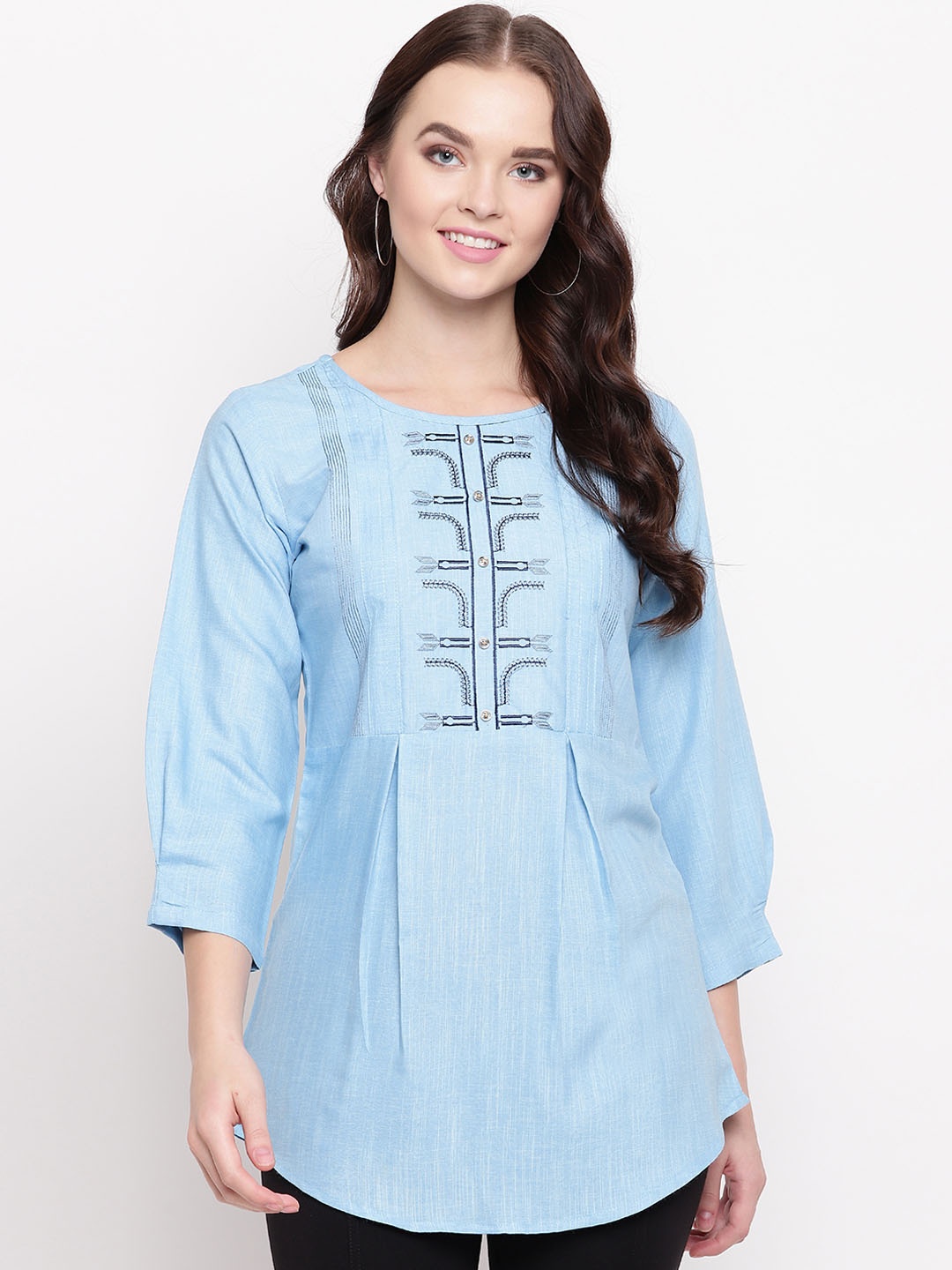 

Kvsfab women Blue embroidered A-line Kurti