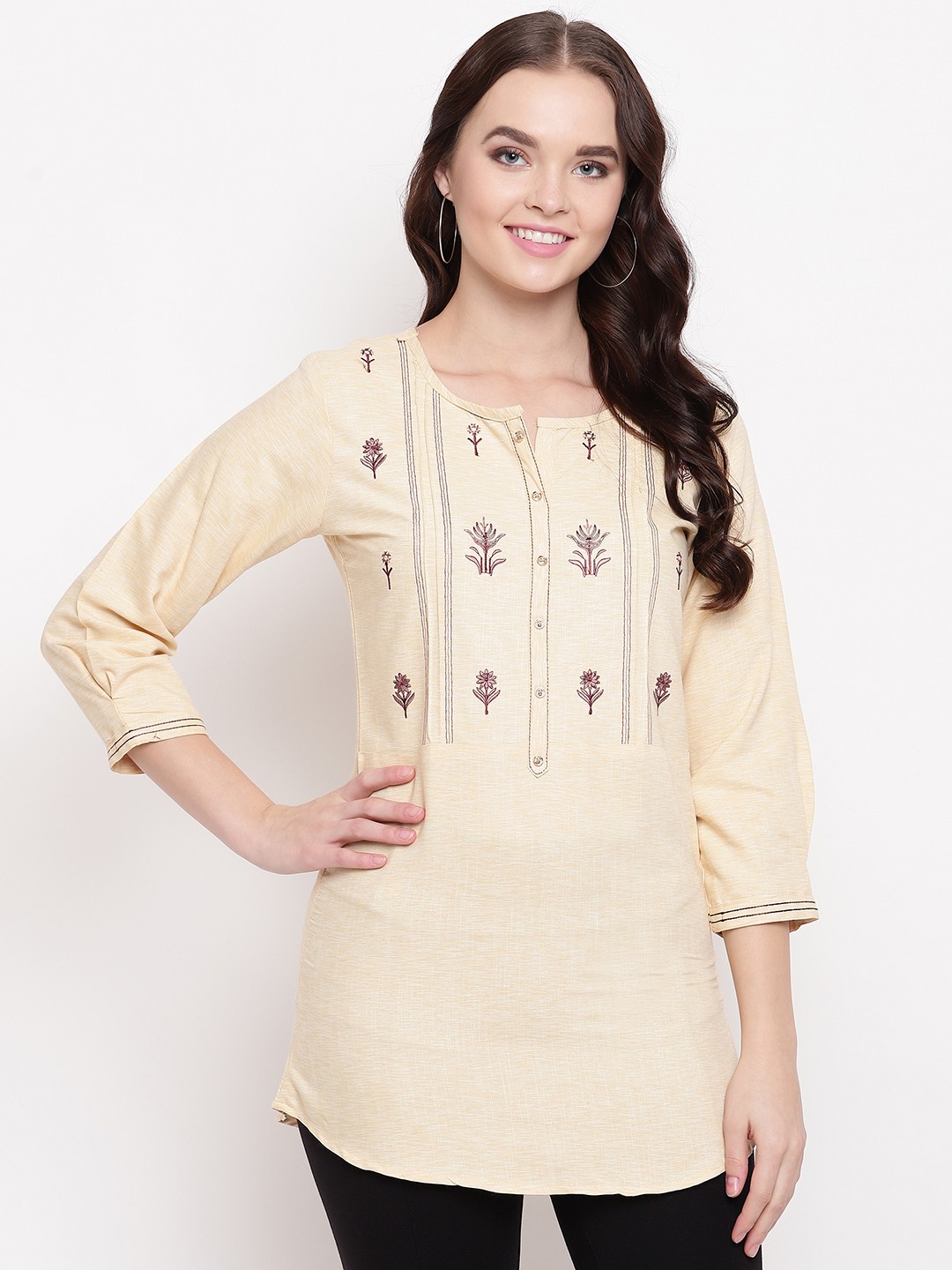 

Kvsfab Women Cream & Maroon Embroidered A-Line Kurti