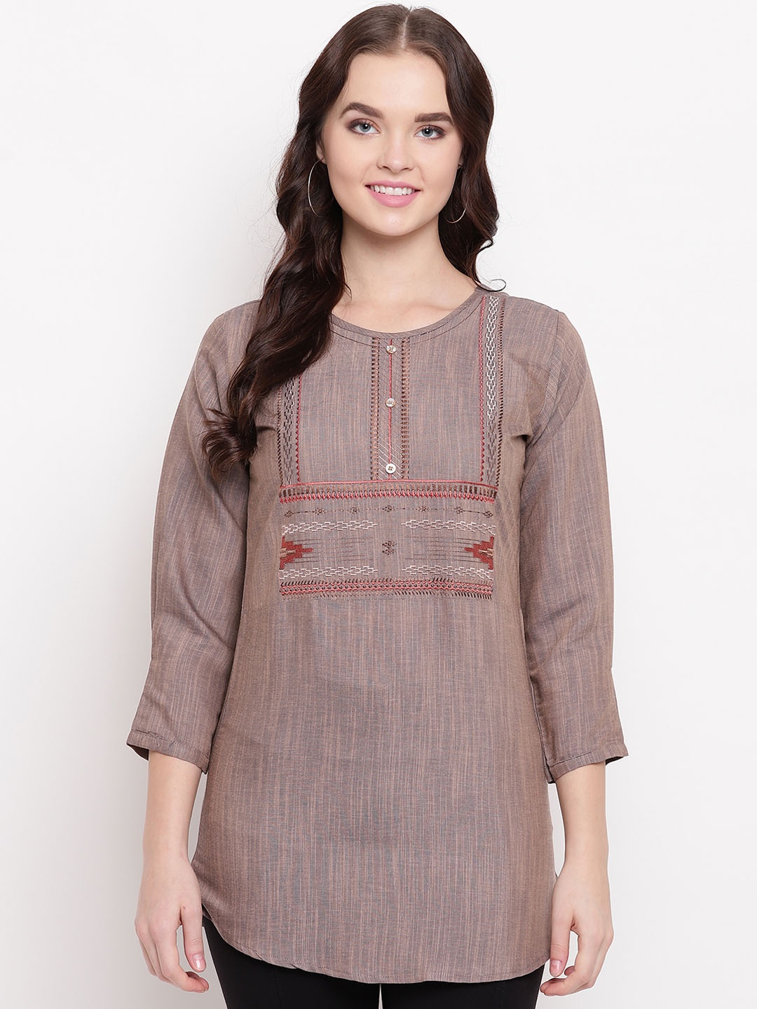 

Kvsfab Women Brown & Red Embroidered A-Line Kurti
